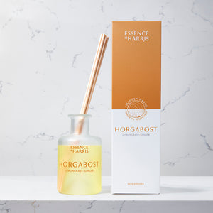 Horgabost, lemongrass and ginger reed diffuser with reeds next to orange box