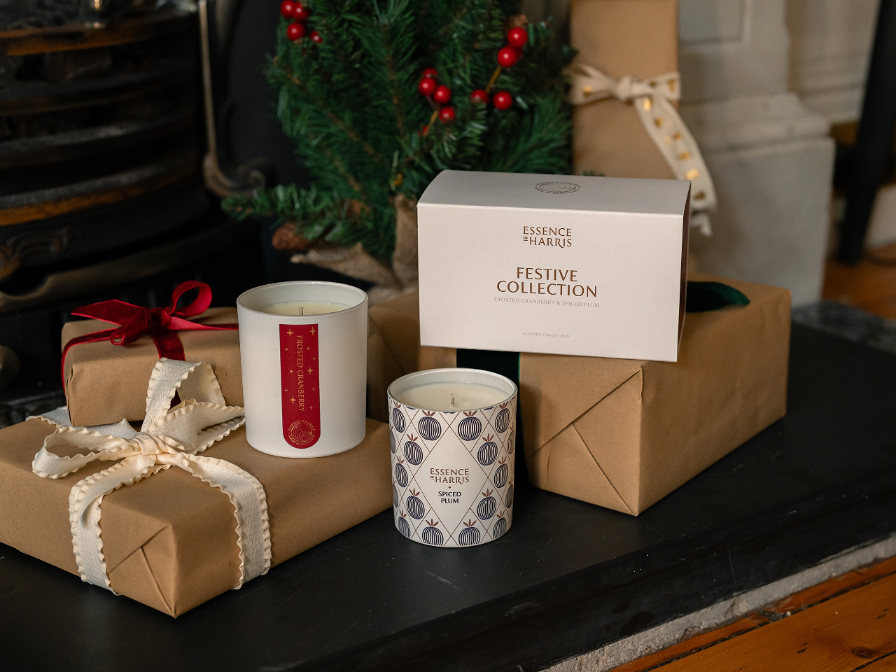 Festive Candle Duo set on fireplace with Christmas presents