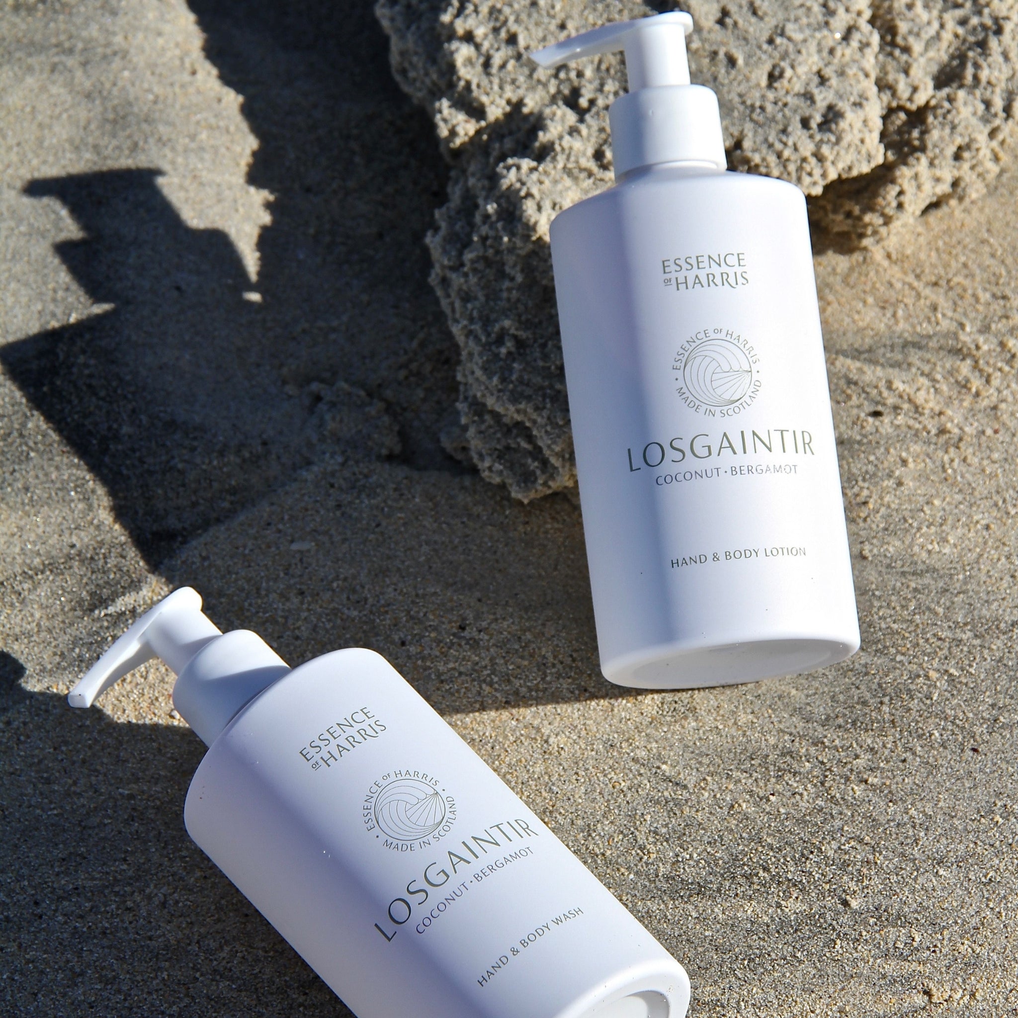 Coconut hand and body wash and lotion set on Luskentyre beach