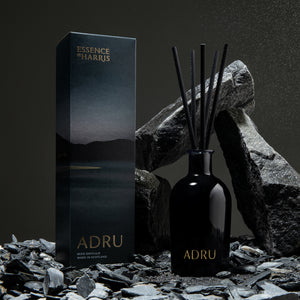 Adru, sandalwood and wild nettle reed diffuser in black glass vessel with box
