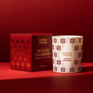 Frosted cranberry festive pattern candle with red foiled box