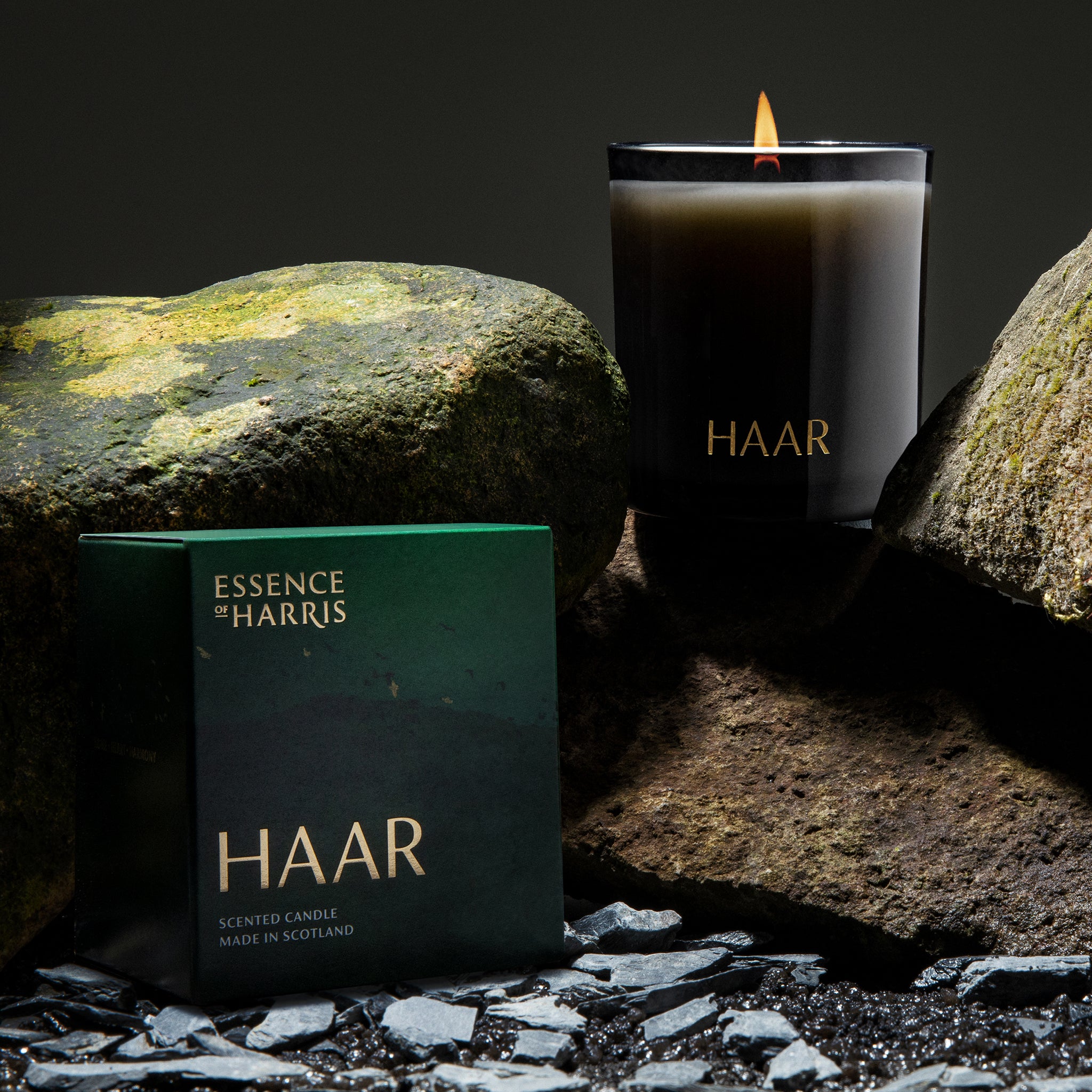 Haar, fig leaf and cedar soy wax candle in black vessel next to green box