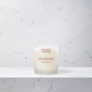 Huisinis, pink pomelo soy wax scented candle in frosted glass vessel on marble