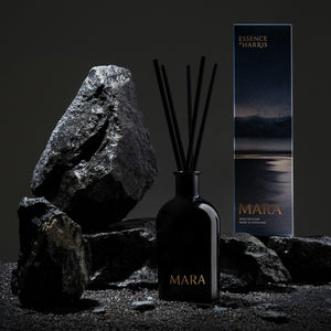 Mara, samphire and sea minerals reed diffuser in smoked glass vessel next to box