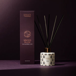 Spiced plum christmas reed diffuser with festive pattern