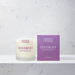 Seilebost, black pomegranate soy wax candle and purple box